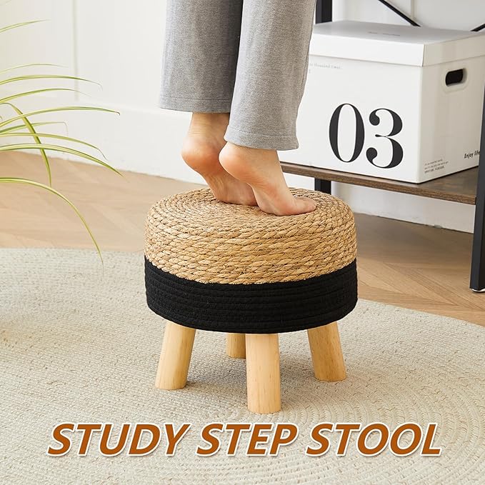 Round Ottoman Natural Seagrass Footstool, Foot Stool with 4 Wood Legs, Hand Woven Round Footstool, Sofa Stool, Multifunctional Modern Dressing Stool, Sofa Side Table for Bedroom (Black)