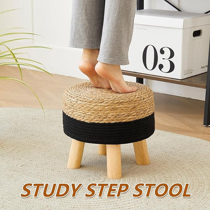 Round Ottoman Natural Seagrass Footstool, Foot Stool with 4 Wood Legs, Hand Woven Round Footstool, Sofa Stool, Multifunctional Modern Dressing Stool, Sofa Side Table for Bedroom (Black)