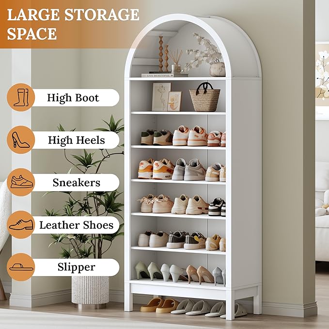 Shoe Cabinet, 70" Tall Arched Shoe Rack with 3 Adjustable Shelves, 7-Tier Large Freestanding Shoe Storage Organizer for Entryway, Closet, Hallway, Living Room