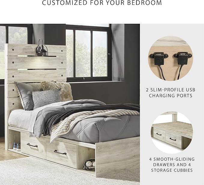 Signature Design by Ashley Cambeck Farmhouse Twin Panel Platform Bed with 4 Storage Drawers, Cubbies, Sconce Light and USB Ports, Foundation or Box Spring Not Needed, Whitewash