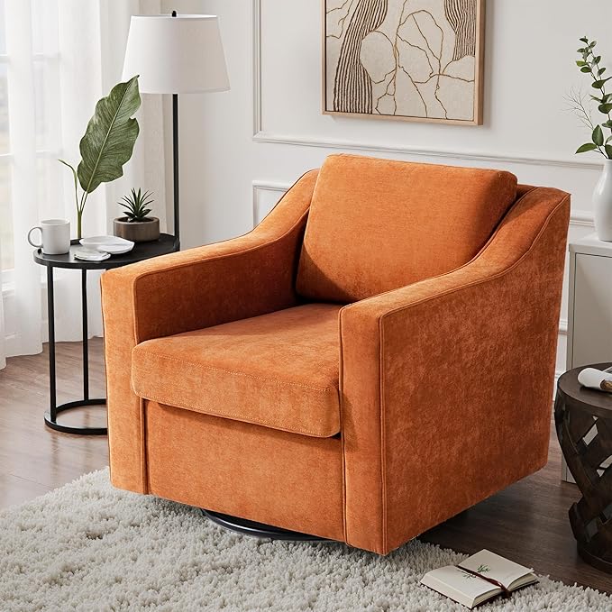 UIXE Swivel Accent Chair, Chenille Fabric Upholstered Arm Chair for Living Room, Modern Club Armchair Comfy Single Sofa Bedroom Reading Seat with Lumbar Pillow - Orange