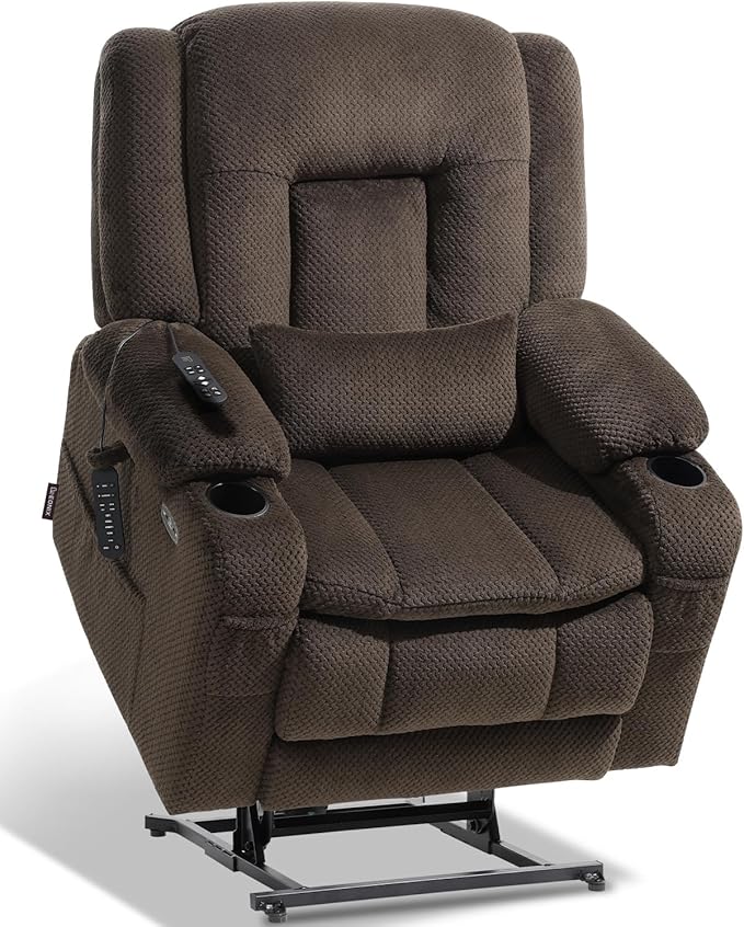 EONIX Lay Flat Power Lift Recliner Chair with Heat and Massage, Dual Motor Electric Lift Chair for Elderly for Postoperative Recovery, 400lbs Heavy Duty, Cup Holders, Lumbar Pillow, Coffee
