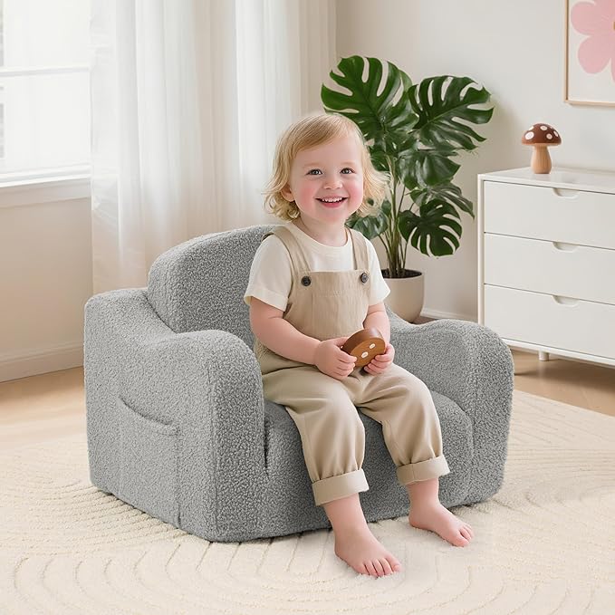 Comfy Toddler Chair & Kids, 2-in-1 Soft Couch Fold Out for Kids, Toddler Chairs Comfy 1-3 Years Old, Convertible Plush Sofa to Lounger for Girls and Boys,Light Grey