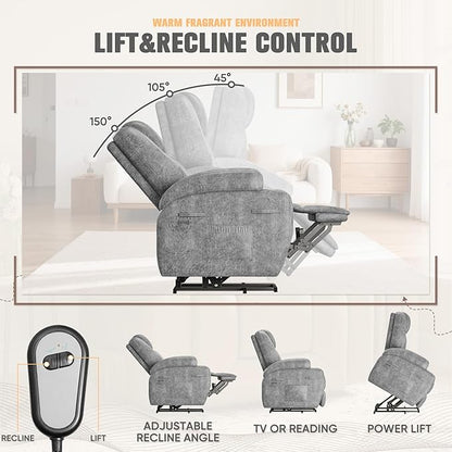 Flamaker Power Lift Recliner Chair Electric Lift Recliner for Elderly Power Lift Recliner Chair with Cup Holders Side Pockets for Living Room (Leathaire, Light Gray)