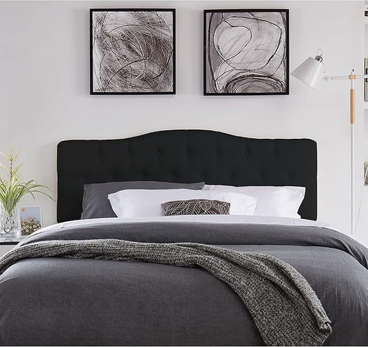 Naomi Home Cassandra Full Size Bed Headboard, Square Tufted, White Linen Fabric, Height Adjustable 42"-52", Metal Legs, Wall/Bed Mount