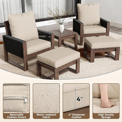 5 Piece Patio Bistro Chair Set with Ottoman, Wooden Outdoor Patio Furniture Set, Patio Wicker Chairs with Coffee Tables for Balcony Deck Backyard