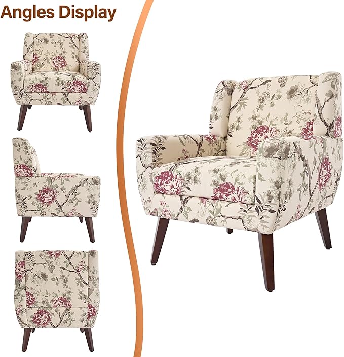Accent Chair, Modern Fabric Armchair for Living Room, Comfy Upholstered Arm Chair Tufted for Indoor Bedroom Office Room (Pattern Floral)