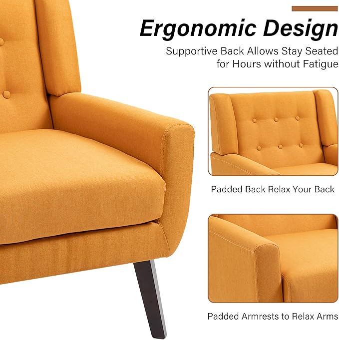 Accent Chairs Set of 2, Modern Fabric Armchairs for Living Room, Comfy Upholstered Arm Chairs Tufted for Indoor Bedroom Office Room (Orange)
