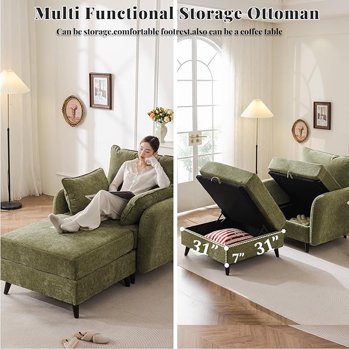 Oversized Accent Chair with Ottoman,All Seats Storage,Comfy Armchair,24.5'' Deep Seat,Upholstered Living Room Chairs,Reading Chair,Lounge Chair for Bedroom,Office,Chenille,Green