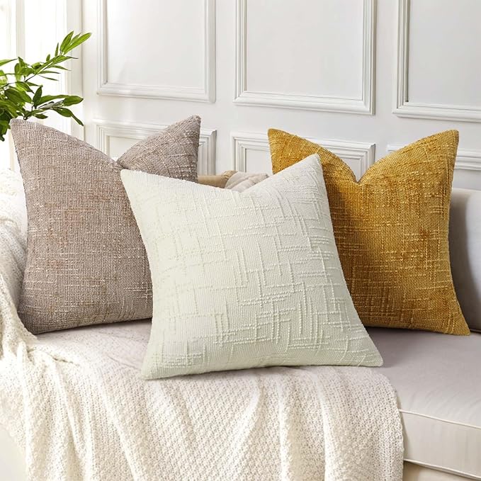 decorUhome Oatmeal Chenille Throw Pillow Covers 26x26 Set of 2 Thick Textured Slubby Couch Pillow Covers Farmhouse Accent Modern Neutral Decorative Pillow Cases for Bed Sofa Living Room