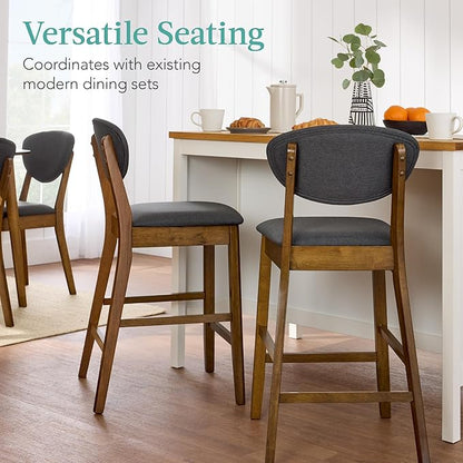 Best Choice Products Bar Stool Set of 2, Mid-Century Modern Upholstered Wood, Armless Counter Height w/Seat Cushion, Backrest - Walnut/Charcoal