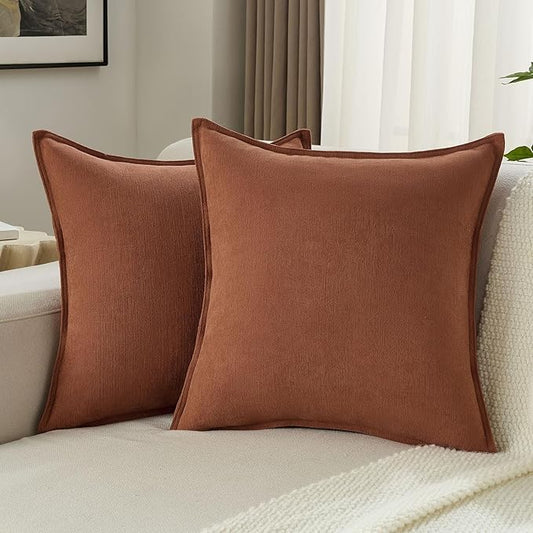 FUTEI Rust Chenille Throw Pillow Covers 24x24 Inch Set of 2,Edges Double-Stitched European Cushion Cases,Modern Home Decor for Couch Living Room