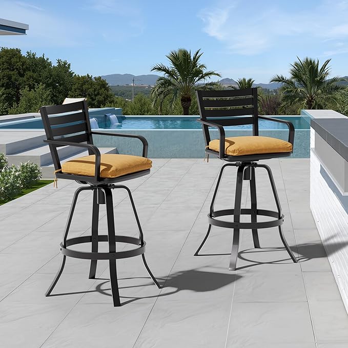 Pellebant Outdoor Bar Stools Set of 4 with Sunbrella Cushion, 29.5" Aluminum Swivel Bar Height Stool Chairs with Back & Footrest, Rust-Proof Patio Bartools for Deck Lawn Garden,Teak