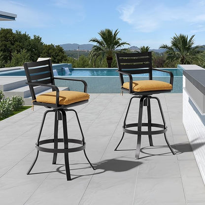 Pellebant 29.5" Sunbrella Outdoor Bar Stools Set of 2, Aluminum Swivel Patio Bar Height Bar Stools with Back & Footrest, Rust-Proof Tall Barstools for Deck Lawn Garden,Teak