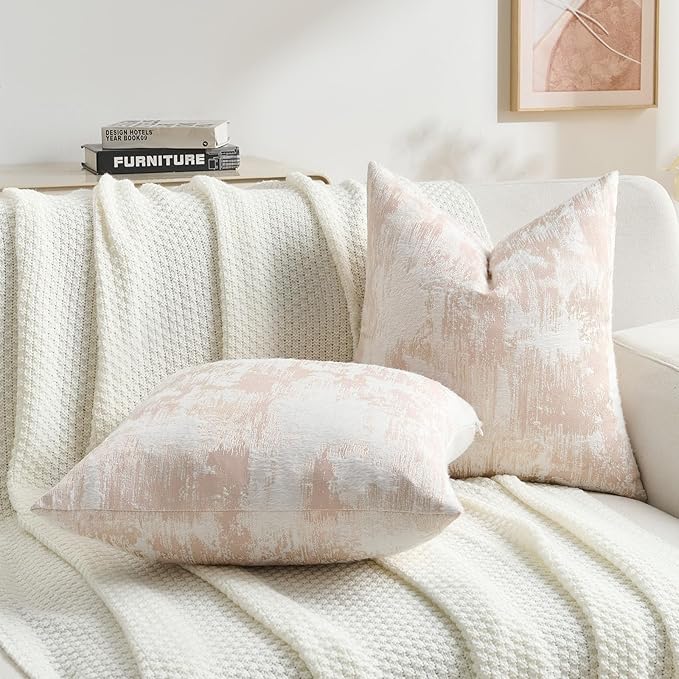 FUTEI Pink White Decorative Throw Pillow Covers 26x26 Inch Set of 2,Soft Faux Cashmere Jacquard - Textured & Cozy Euro Pillow Shams,Modern Home Decor for Couch Bed Living Room