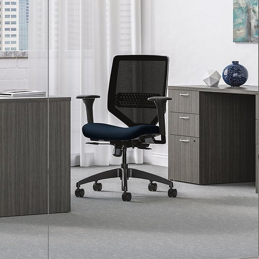 HON Solve Task Chair, Ergonomic Office Chair Mesh Back Support, Adjustable Lumbar Support, with Wheels, Height-Adjustable Arms, for Computers, Desks, Home Office, Blue
