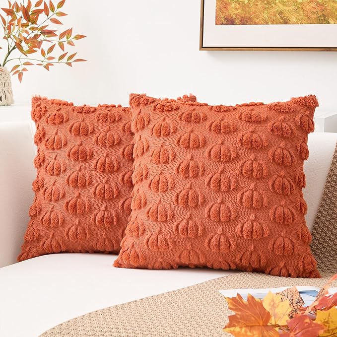 Kevin Textile Fall Pumpkins Pillow Covers 18x18 Inch Set of 2 Cute Autumn Decorative Square Pillowcases Soft Faux Fur Cushions Harvest Gift for Couch Sofa Chair Bedroom Home Decor, Rust
