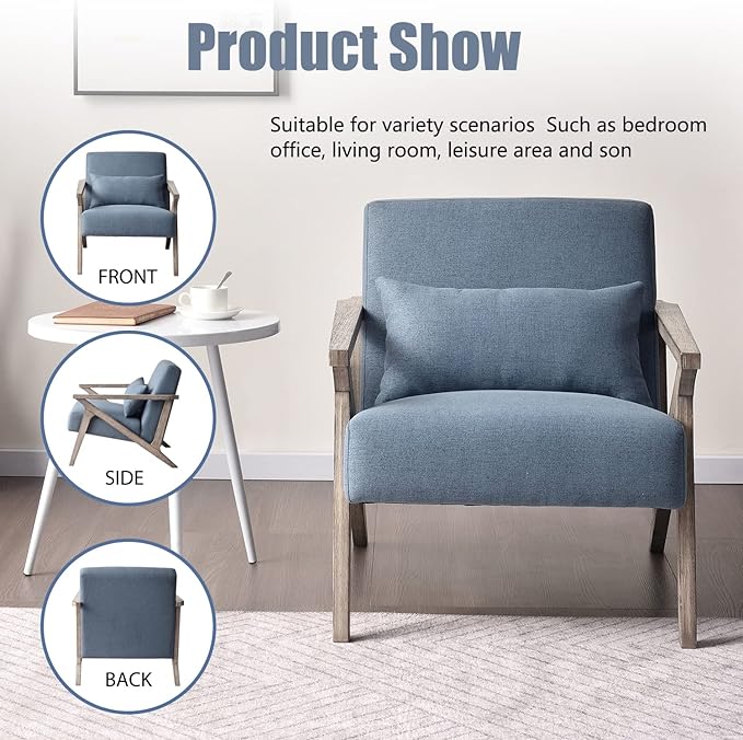 INZOY Mid Century Modern Chair with Wood Frame, Upholstered Armchair with Waist Cushion, Accent Chair for Living Room Bedroom Apartment, Easy Assembly, Blue