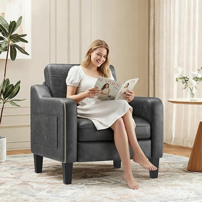 PU Leather Accent Chair, Mid-Century Modern Living Room Armchair Sofa with Removable Cushions, Solid Wood Frame & Stitched Armrest Design, Bedroom Chair with Plastic Legs, Black