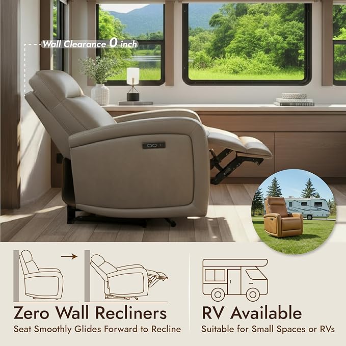 Watson & Whitely Power Recliner Chair, Zero Wall Hugger Recliners with Adjustable Headrest Type-C Charger, Faux Leather Single Sofa Chair RV Recliners for Small Space Living Room, Grey