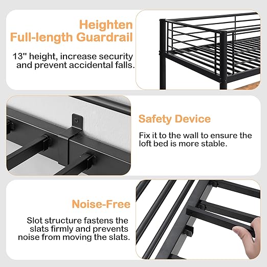 VECELO Metal Loft Bed Twin Size with Desk, Heavy Duty Bedframe with Removable Ladder and Safety Guardrail, Space-Saving, Noise Free, No Box Spring Needed, Matte Black