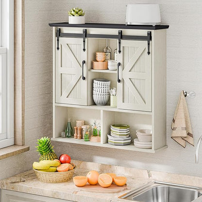 Vabches Bathroom Wall Cabinet, Farmhouse Medicine Cabinet with Double Sliding Barn Door and Adjustable Shelves, Wooden Vintage Storage Cabinet Wall Mounted for Bathroom, Kitchen, White and Black