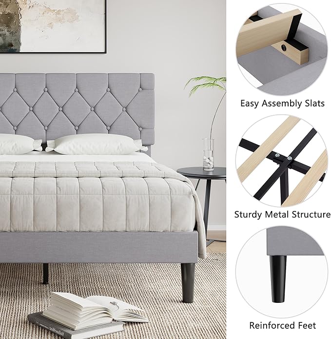VECELO Full Bed Frame with Headboard, Upholstered Platform Bedframe with Wooden Slat Support, Button Tufted Design, No Box Spring Needed, Linen Grey