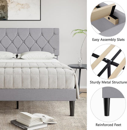 VECELO Full Bed Frame with Headboard, Upholstered Platform Bedframe with Wooden Slat Support, Button Tufted Design, No Box Spring Needed, Linen Grey