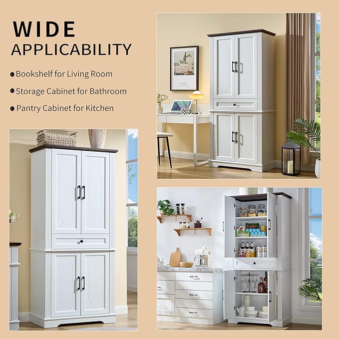 71" White Tall Pantry Cabinet with Drawer and Adjustable Shelves, Modern Storage Cabinet with Doors, Kitchen Buffet Cabinet, Food Pantry Storage Cabinet, Coffee Bar, Living Room and Dining Room