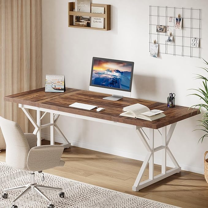 Tribesigns 70.86-Inch Large Executive Desk, Industrial Home Office Computer Desk, Simple Long Writing Study Table Business Furniture (Brown-White)