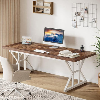 Tribesigns 70.86-Inch Large Executive Desk, Industrial Home Office Computer Desk, Simple Long Writing Study Table Business Furniture (Brown-White)