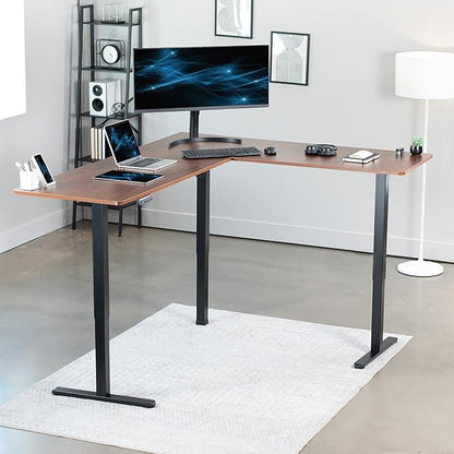 VIVO Corner Standing Desk, 75 x 63 inch Reversible L-Shaped Workstation, Electric Height Adjustment, Home, Office, and Reception Rooms, Dark Walnut Table Top Black Frame, DESK-E3CTD-75