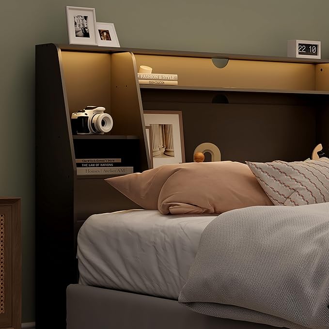 Queen/Full Headboard Queen Size with Storage, Wood Bookcase Headboard with Charging Station & 2 LED Lights, Modern Headboard Only for Queen Size Bed, Noise-Free, Sturdy and Durable, Black