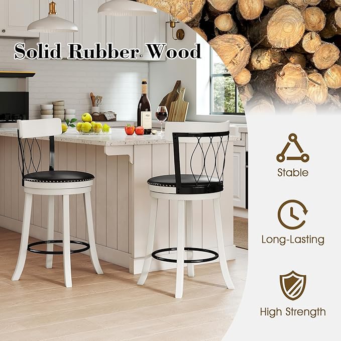 COSTWAY Bar Stools Set of 4, 26” Seat Height Swivel Barstools with Ergonomic Backrest, Soft Cushion & Footrest, Rubber Wood Counter Height Bar Chairs Upholstered Dining Chairs for Kitchen Island