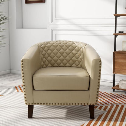 Pia Ricco Faux Leather Barrel Accent Chairs Set of 4, Modern Club Arm Chair Comfy Upholstered Single Sofa Chair with Solid Wood Legs and Nailhead Trim for Living Room/Reading Room, Beige