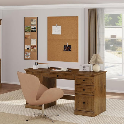 60.5" Executive Office Desk, Classic Computer Desk with File Drawer, Keyboard Tray Cabinet Storage, Farmhouse Wood Writing Desk for Home Office or Study, Vintage Oak