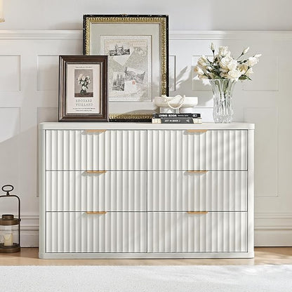 LEYAOYAO Fluted 6 Drawers Dresser, 48" Wide Modern Chest of Drawers with Wood Grain Top, Curved Profile Design, Dresser TV Stand, Wood Drawer Organizer for Bedroom, Living Room, Antique White