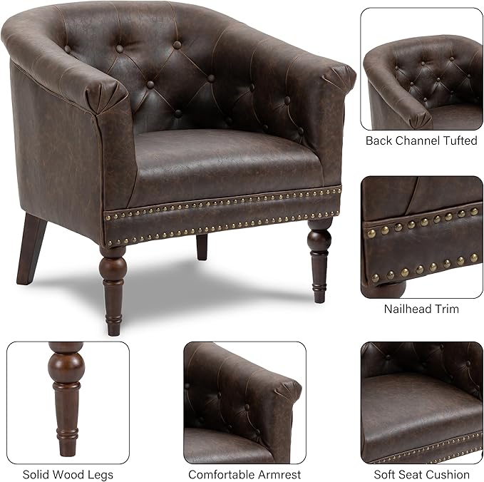 Pia Ricco Faux Leather Barrel Accent Chair, Comfy Club Armchair with Solid Wood Legs, Nailhead Trim Upholstered Single Sofa Chair for Living Room Bedroom/Reading Room, Chocolate, Set of 2