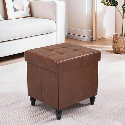 GLAXYFUR Storage Ottoman Bench, 15 Inches Foldable Ottoman Foot Stool with Legs, PU Leather Footrest for Living Room, Bedroom, Dorm (Brown)