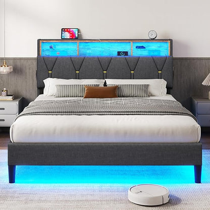 Queen Bed Frame with Storage Headboard and RGB LED Lights, Modern Upholstered Platform Bed Frame Queen Size with Charging Station, Stable Easy Assembly,Dark Grey