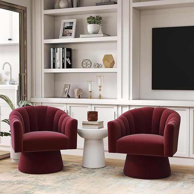 Swivel Accent Chair Set of 2, Upholstered Velvet 360° Swivel Barrel Chair for Living Room Overstuffed Bouncle Reading Chair Round Armchair for Bedroom,Vanity,Office (Red)
