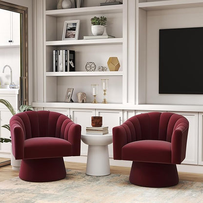 Swivel Accent Chair Set of 2, Upholstered Velvet 360° Swivel Barrel Chair for Living Room Overstuffed Bouncle Reading Chair Round Armchair for Bedroom,Vanity,Office (Red)