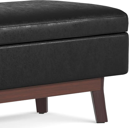 SIMPLIHOME Owen 48 inch Wide Mid Century Modern Rectangle Rectangular Storage Ottoman in Distressed Black Vegan Faux Leather, Assembled, for the Living Room, Entryway and Family Room