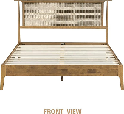 NTC Ruby Wooden Bed Frame with Headboard and Natural Rattan, Solid Oak/Rubber Wood Foundation with Silent Slats, 1000 Lb Capacity, Effortless Assembly Queen - Teak Look