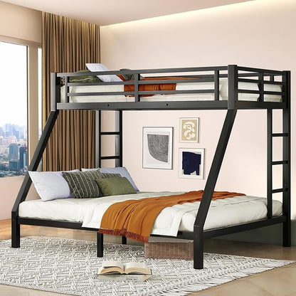Bunk Beds Twin XL Over Queen, Heavy Duty Bunk Beds with Bottom Space & Guardrail Metal Bunk Bed Frame for Adults Teens Dorm Bedroom Guest Room, No Box Spring Needed（Black）