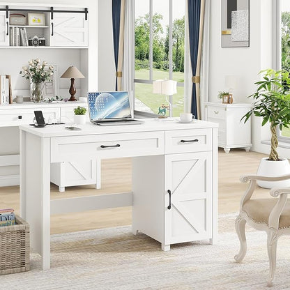 Farmhouse 47" Executive Desk, Computer Desk with Drawers and Storage Cabinet, Workstation for Home Office and Study.(Cream White)