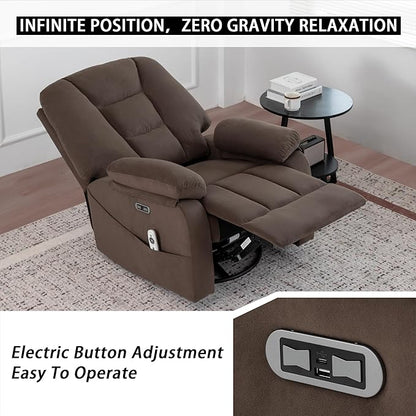 Power Swivel Rocker Recliner with Massage and Heat, USB and Type-C Port, Infinite Position, Electric Glider Rocking Chairs Living Room, Soft Fabric Reclining Sofa Chair (Velvet Brown)