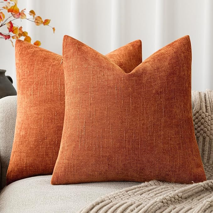 Foindtower Pack of 2 Soft Textured Chenille Throw Decorative Pillow Covers Square Accent Solid Cushion Cover Cozy Neutral Farmhouse Pillow Case for Couch Sofa Bedroom Living Room 22x22 Inch,Orange