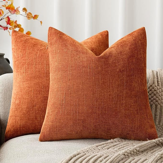 Foindtower Pack of 2 Soft Textured Chenille Throw Decorative Pillow Covers Square Accent Solid Cushion Cover Cozy Neutral Farmhouse Pillow Case for Couch Sofa Bedroom Living Room 24x24 Inch,Orange