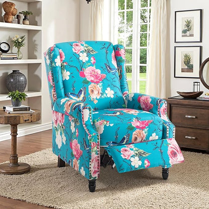 Recliner Chair, Upholstered Wingback Floral Pushback Armchair with Adjustable Backrest & Footrest, Comfy Accent Chair Reading Single Sofa for Small Spaces, Living Room, Bedroom (Peacock, Set of 2)
